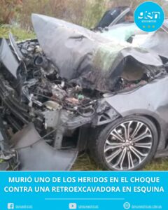 MURIÓ UNO DE LOS HERIDOS EN EL CHOQUE CONTRA UNA RETROEXCAVADORA EN ESQUINA