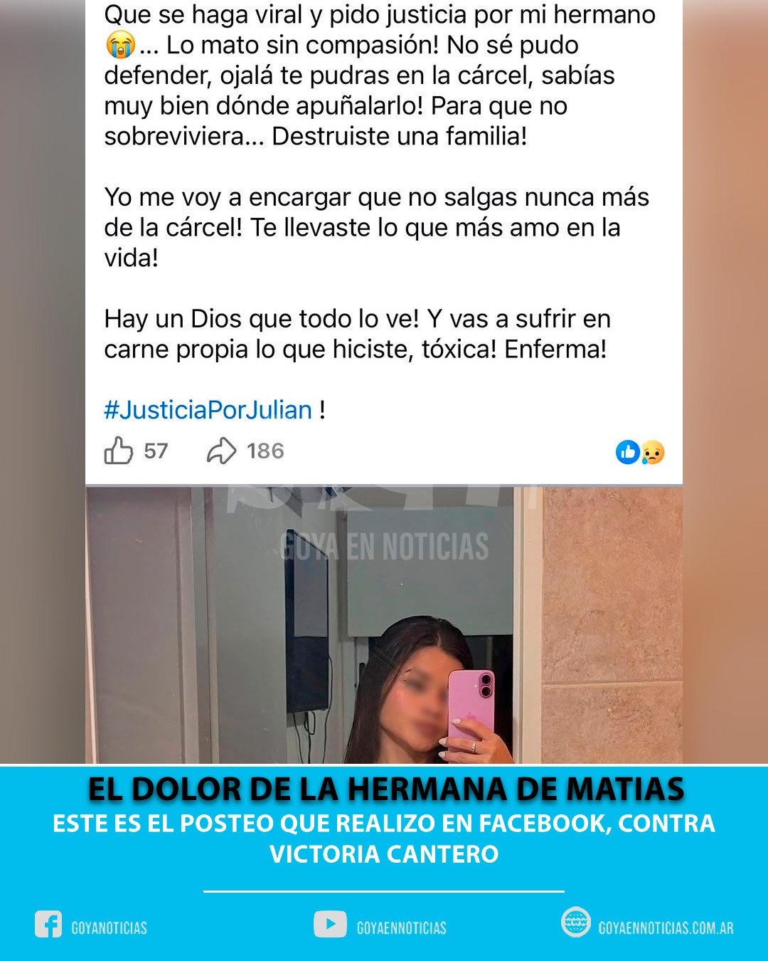 Tras el asesinato de su hermano Matias. Alejandra Guardia realizo una publicación en su cuenta de Facebook no solo pidiendo justicia, mandando un claro mensaje a Victoria Cantero