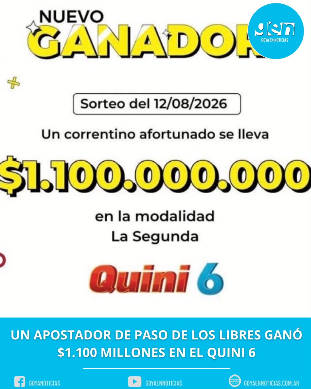 Un apostador de Paso de los Libres ganó $1.100 millones en el Quini 6