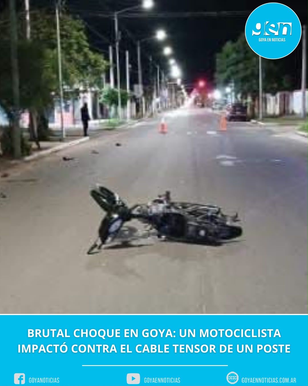 Brutal choque en Goya: un motociclista impactó contra el cable tensor de un poste