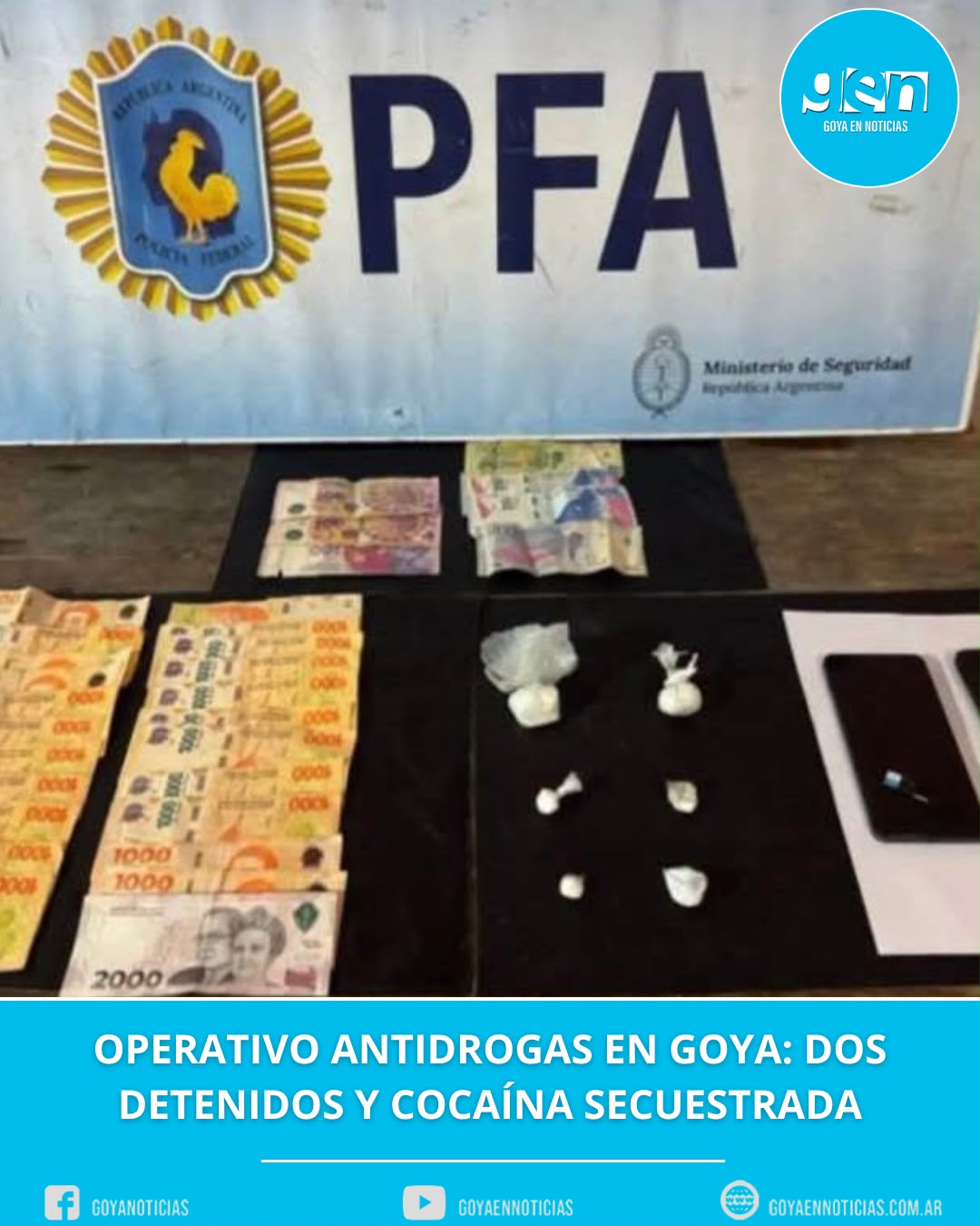 Operativo antidroga en Goya: dos detenidos y cocaína secuestrada
