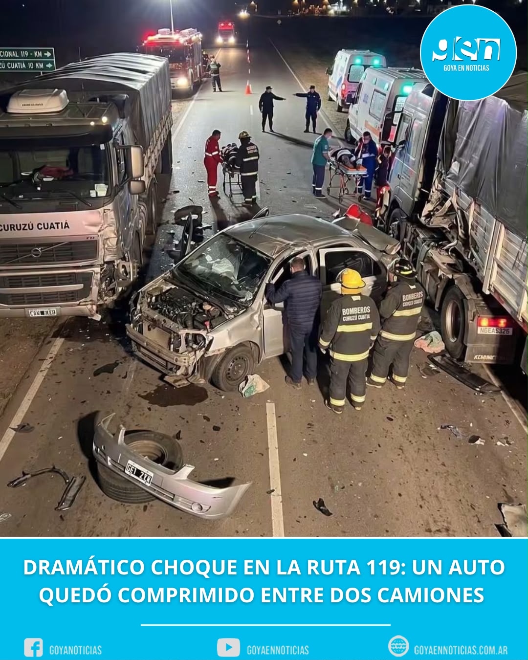 Dramático choque en la Ruta 119: un auto quedó comprimido entre dos camiones
