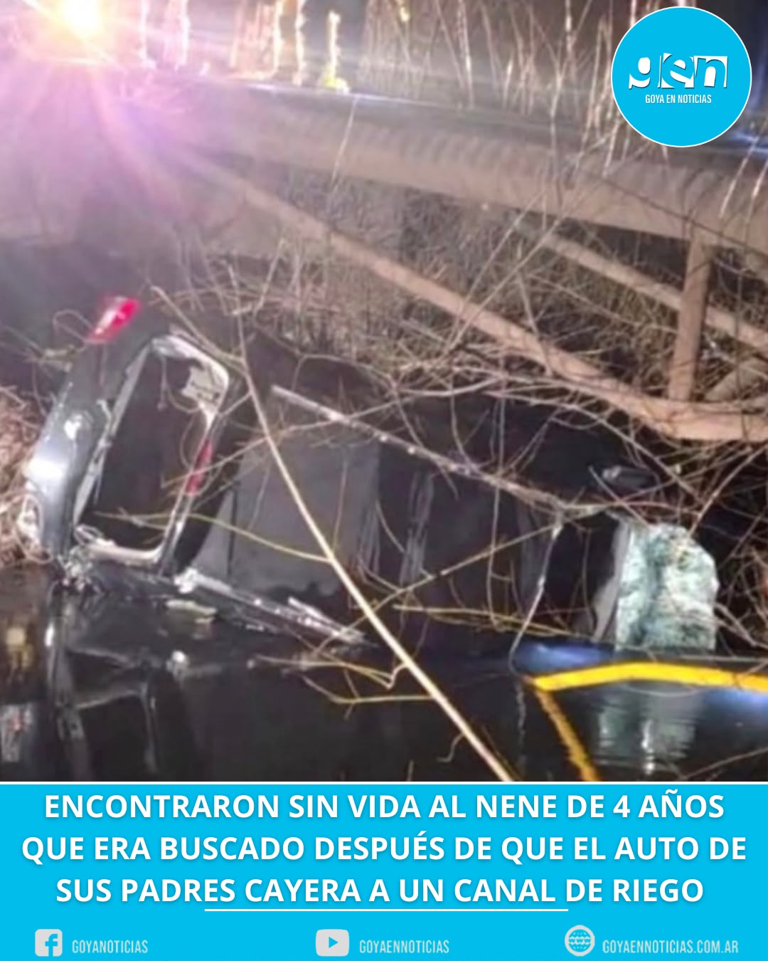 Encontraron sin vida al nene de 4 años que era buscado después de que el auto de sus padres cayera a un canal de riego